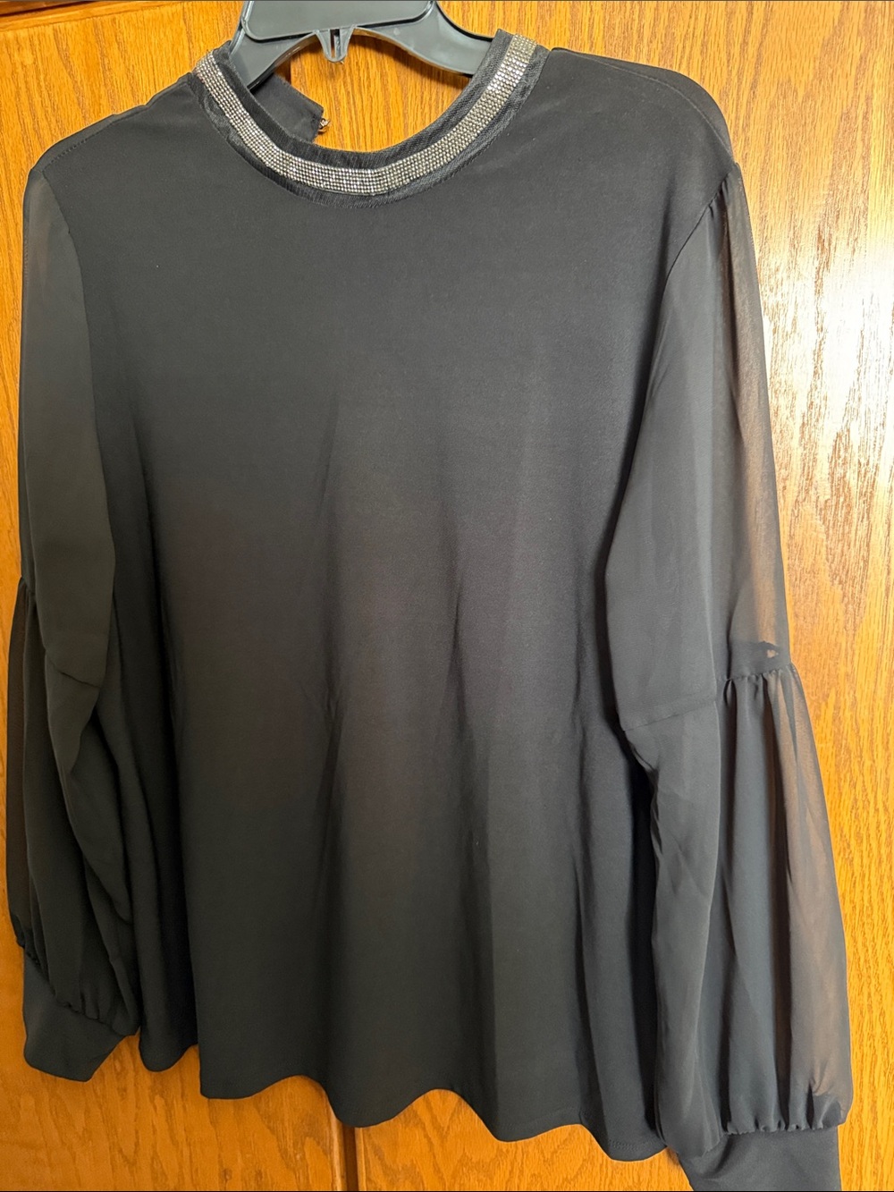 Black Long Sleeve Sheer Sleeve Top with Embellished Neckline size xl